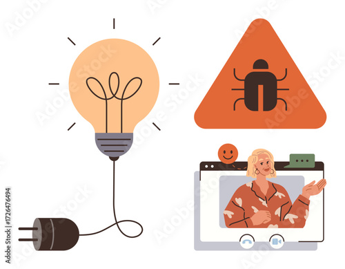 Light bulb with unplugged cord, bug alert warning sign, customer on video call. Ideal for technology help, troubleshooting, support, innovation, energy conservation, digital issues online
