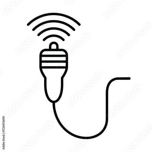 Simple line art icon of an ultrasound transducer emitting sound waves