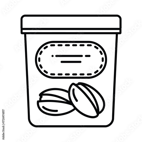 Simple line art icon of a container filled with pistachios and a label