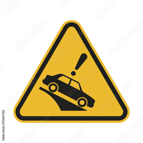 Warning sign indicating a steep incline or downhill road with a car skidding