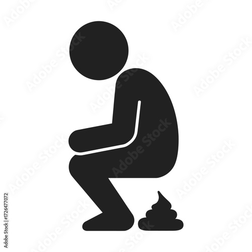 Silhouette of a person squatting with excrement nearby symbolizing defecation and bowel movement