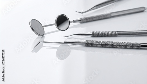 Dental tools—mirrors, explorer, tweezers—on white surface with soft lighting, evoking precision, hygiene, and the clinical choreography of care, reflection, and tactile expertise.