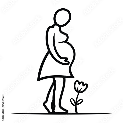 Simple line drawing of a pregnant woman standing next to a blooming flower