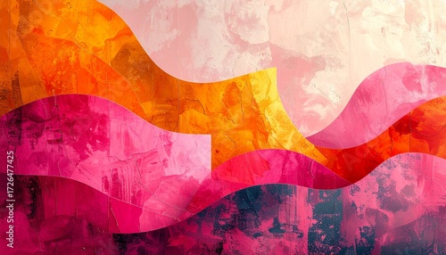 An abstract digital collage with bold, overlapping organic shapes. The color palette features vibrant blocks of hot pink, fiery orange-red, and a softer peach/pale yellow