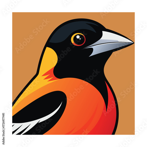 Colorful Oriole Bird Portrait on Brown Background Keywords: oriole, bird, animal, portrait, head