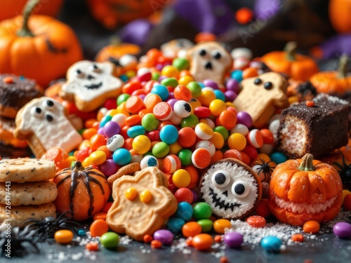 Halloween Sweet Feast: A Vibrant Pile of Spooky Treats – Candy Eyeballs, Spider Cookies, Coffin Cakes, and Pumpkin-Shaped Delights, Ultra-Realistic, Bright, and Mouthwatering for Festive