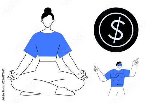 Woman meditating in lotus pose, large dollar sign representing financial focus, man gesturing in motivation. Ideal for mindfulness, wealth management, stress-relief, success, motivation, personal