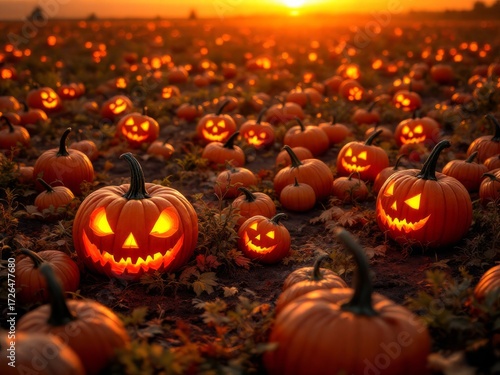 Enchanting Autumn Twilight: Glowing Jack-O'-Lanterns in a Sea of Vibrant Pumpkins, Bathed in Golden Sunset Light – Ultra-Realistic, Cozy, and Magical Harvest Scene