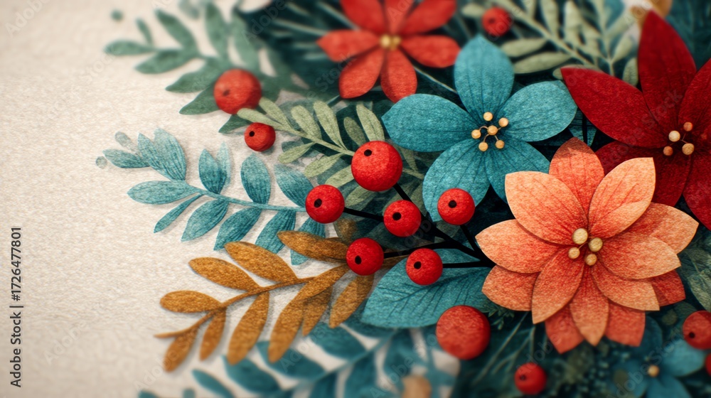 Fototapeta premium Holiday flyer with illustrated Christmas elements, festive catalog background