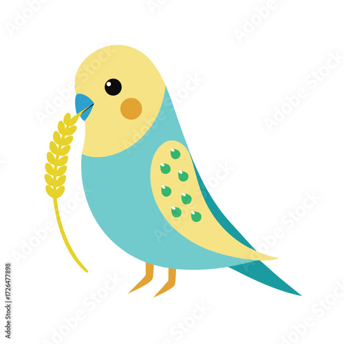 Cute cartoon budgie bird holding a wheat stalk parakeet