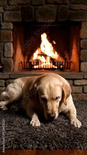 Wallpaper Mural Cozy dog sleeping peacefully on soft rug in front of warm fireplace with flickering flames and soft glow of light Torontodigital.ca