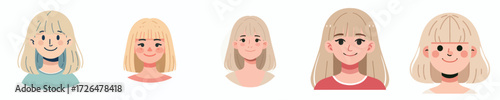 Female face avatar with center-parted bangs, blonde hair, pale skin, happy expression