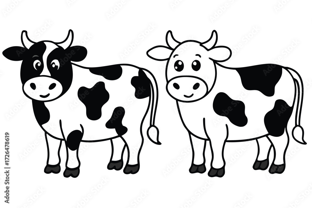 Fototapeta premium Two Cartoon Cows Standing Side by Side in Black and White Outline