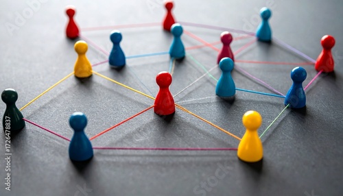 Colorful game pawns connected by multicolored strings on dark surface forming network
