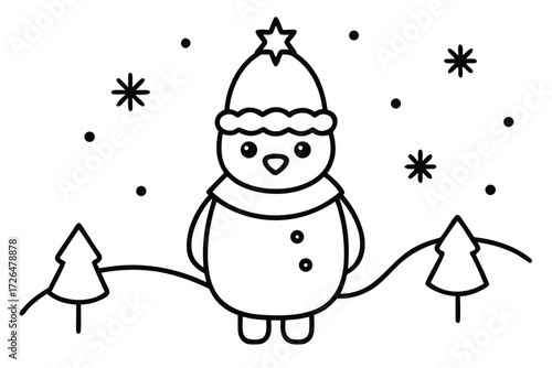 Cute Penguin in Winter Scene Coloring Page for Kids and Adults