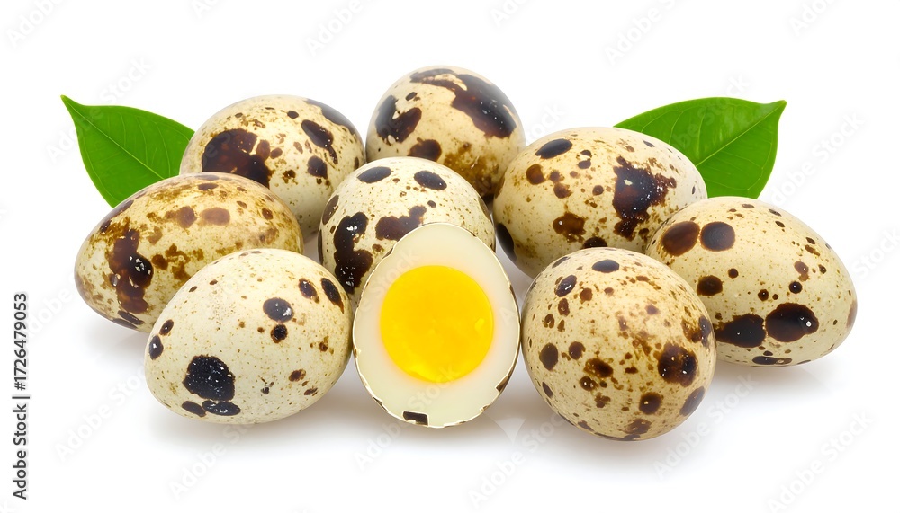 Obraz premium A cluster of speckled quail eggs, one halved to show the yolk, sits on a white background with green leaves
