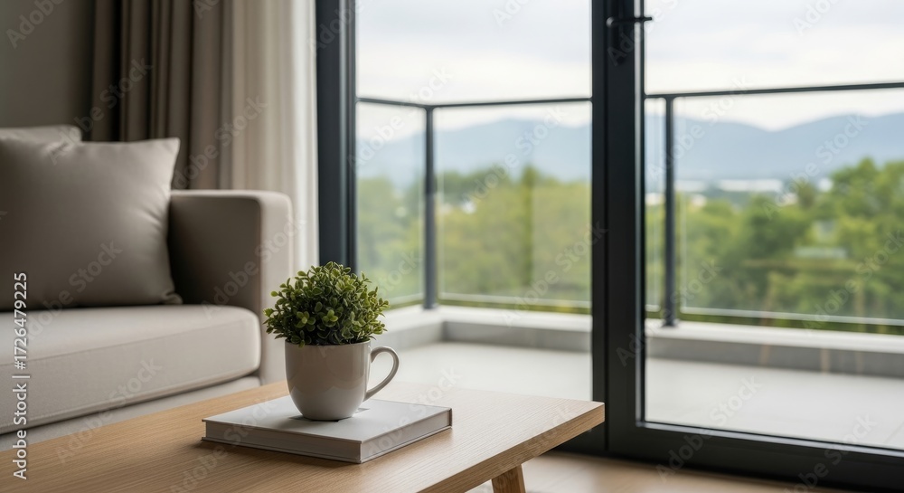 Fototapeta premium Potted Green Plant on Book atop Wooden Table near Cream Sofa and Balcony View