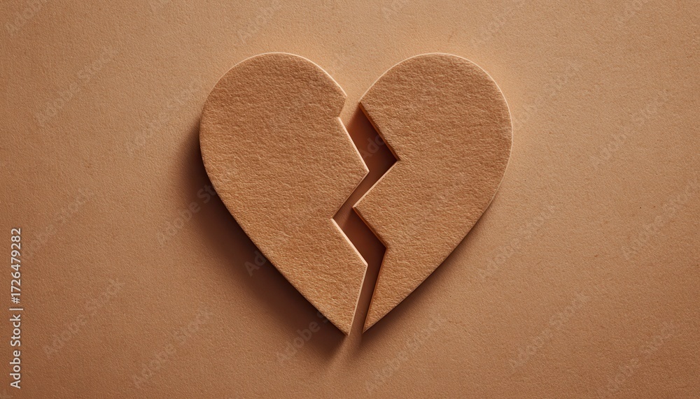 Fototapeta premium A symbolic broken heart made of textured paper, representing heartbreak and emotional pain in a minimalist style.