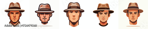 Avatar face of a short-haired man wearing a fedora hat, white skin, serious expression