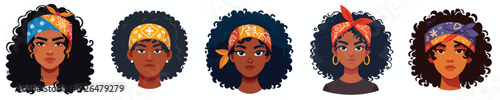 Avatar face of curly haired woman wearing bright colored bandana, dark skin, confident expression