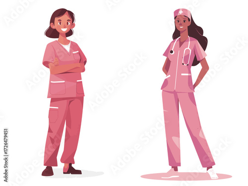 Two healthcare workers are standing side by side, both dressed in pink scrubs. One has a confident smile while the other looks relaxed. They represent teamwork and care.