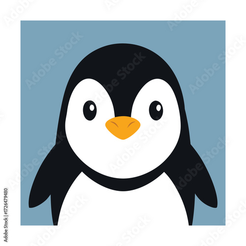 Penguin Face Cartoon Illustration Isolated on Blue Keywords: penguin, bird, animal, arctic