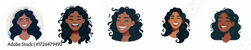 Female face avatar with long curly hair, dark skin, laughing expression