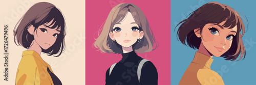 Three artistic representations of women with varying hairstyles and moods. Each woman embraces a unique fashion style, emphasizing individuality and modern aesthetics.
