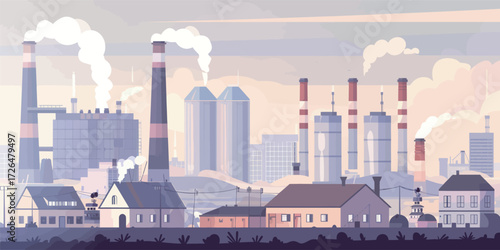 A serene view of a rural area featuring houses alongside large factories emitting smoke. The scene captures the contrast between industrial and residential life at dawn.