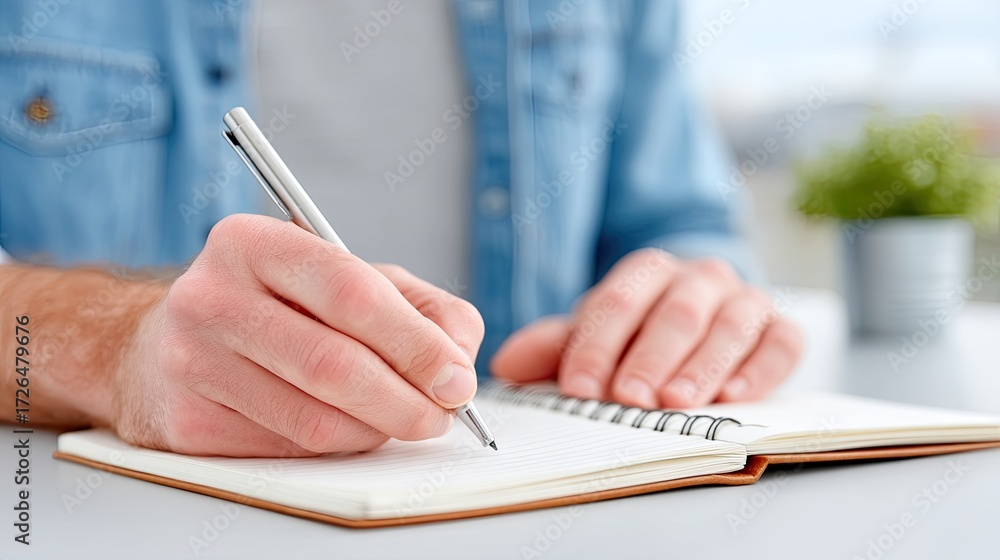 Fototapeta premium Close Up of Male Hand Writing in Open Notebook with Pen on White Table and Blurred Green Plant Background in Natural Lighting