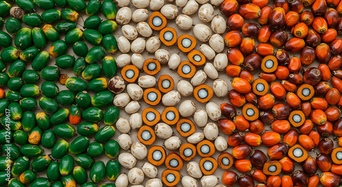 Close-up of palm fruits in varying stages of ripeness, arranged in distinct color sections: green, white, and orange.