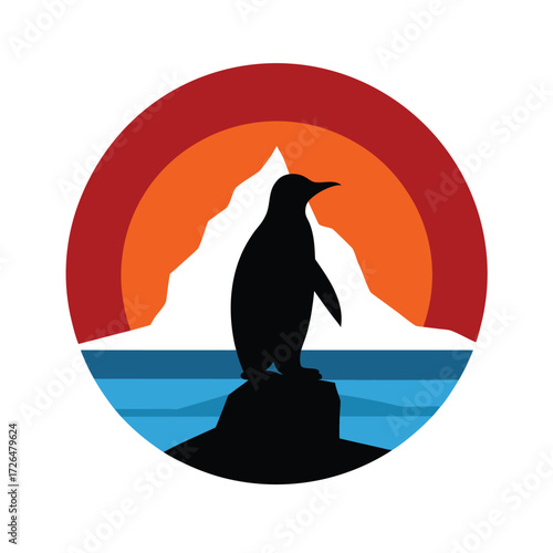 Penguin silhouette on a rock with iceberg and sunset Keywords: penguin, silhouette, iceberg
