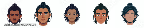 Male face avatar with long hair in a bun, dark skin, neutral expression