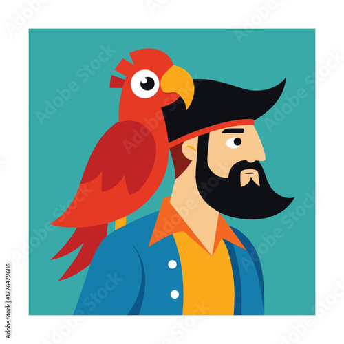 Pirate with a red parrot on his shoulder Keywords: pirate, man, character, red parrot, bird