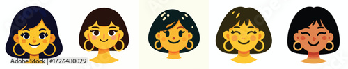 Avatar face of a woman with bobbed hair wearing large hoop earrings, yellow skin, cheerful expression