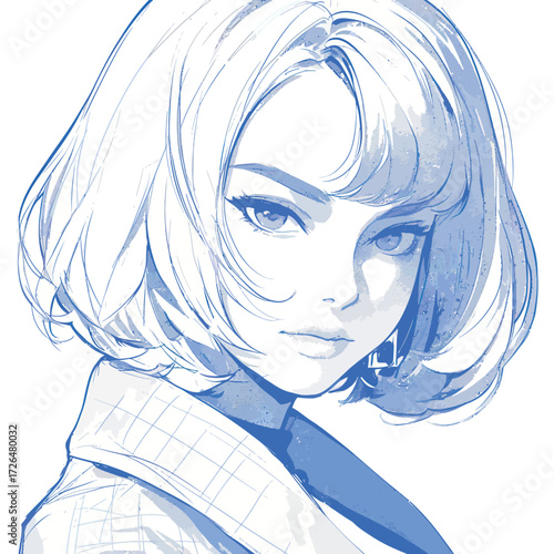 A character with short, styled hair and confident expression poses elegantly against a minimalist background. The artwork captures a contemporary look with strong facial features.