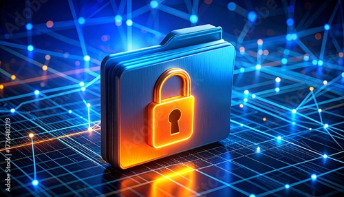 digital folder with lock icon glowing in blue and orange, symbolizing cybersecurity and data protection