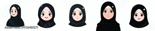 Black hijab woman face avatar, white skin, small smiling expression