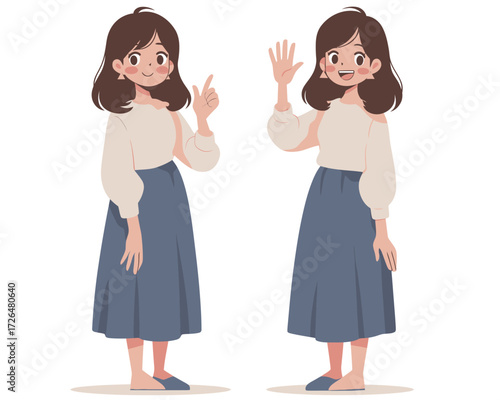 A young woman with brown hair dressed in a simple outfit is smiling and waving. She stands in a bright, cheerful environment, exuding positivity.