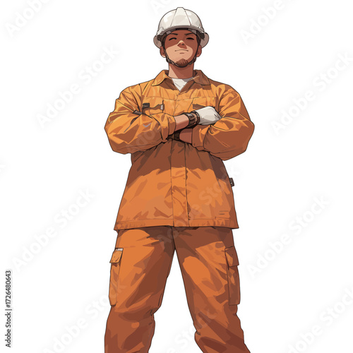 A confident worker dressed in an orange uniform and hard hat stands with arms crossed at a construction site. The scene showcases industrial professionalism and teamwork.