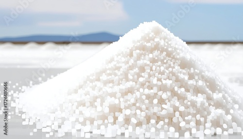 A sizable pile of coarse, white salt crystals sits on a flat surface, with a blurry background suggesting a salt flat and distant mountains under a pale sky
