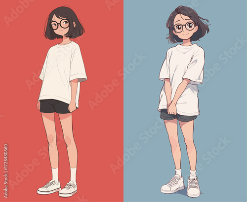 A young girl with short hair and glasses wears a white t-shirt and shorts. She stands confidently, with one side in red and the other in blue.