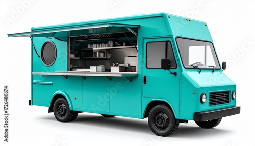 turquoise food truck with open serving window and organized interior on white background