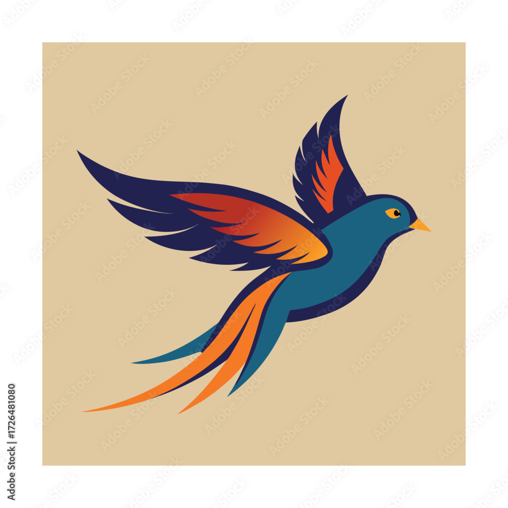 Obraz premium Stylized blue and orange bird in flight with spread wings