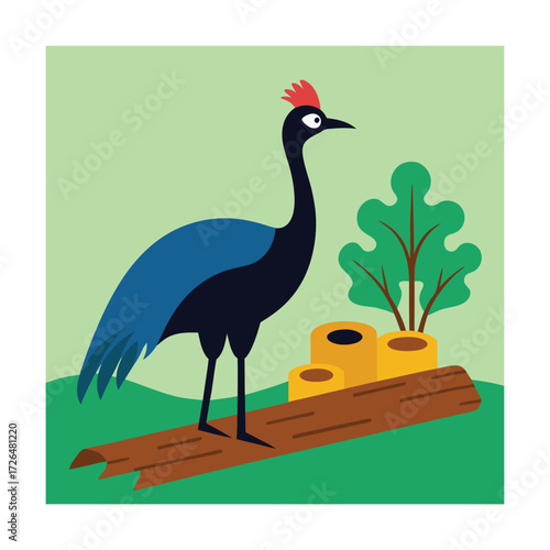Stylized crowned crane standing on a log with tree
