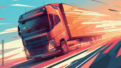A bright orange delivery truck races along a highway, emphasizing speed and motion during a vibrant sunset. The colorful sky enhances the scenes dynamic feel.