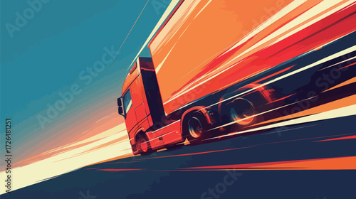 A bright orange truck moves rapidly along a highway against a vivid sunset backdrop, creating dynamic streaks of color. The sky features warm hues blending together.