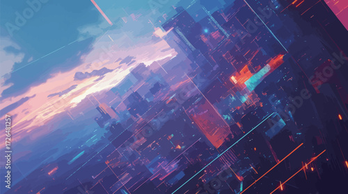A vibrant futuristic city skyline showcases glowing buildings at sunset. Dynamic colors and abstract designs fill the scene, creating an immersive atmosphere of modernity.