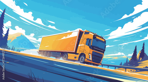 A bright yellow truck travels swiftly along a winding road with vibrant blue skies above. Surrounding mountains and green trees create a scenic backdrop.