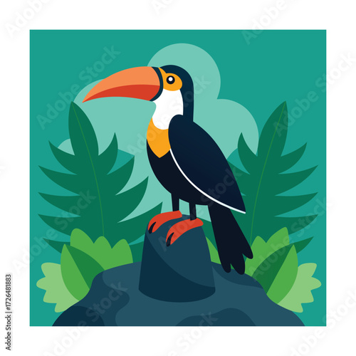Toucan perched on a rock with tropical leaves bird